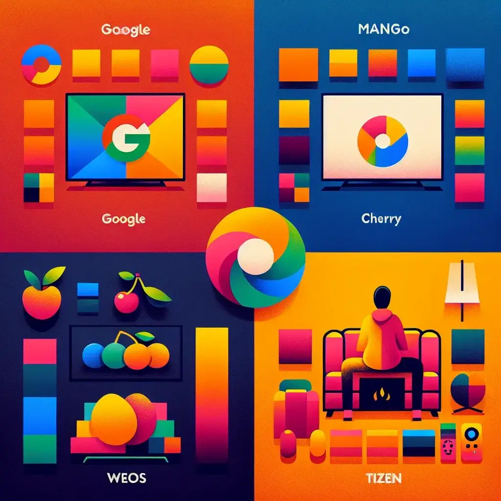 "Comparison chart of TV operating systems: Google TV, webOS, Tizen, and Fire TV, showcasing features, user interfaces, and compatibility for smart TVs."