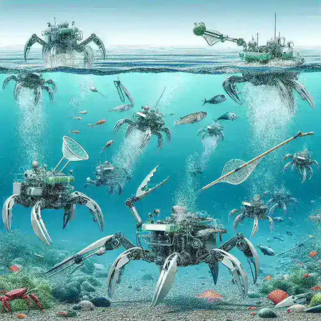 "Amphibious robotic swarms working together in a waterway, showcasing advanced technology for environmental cleanup and restoration efforts."